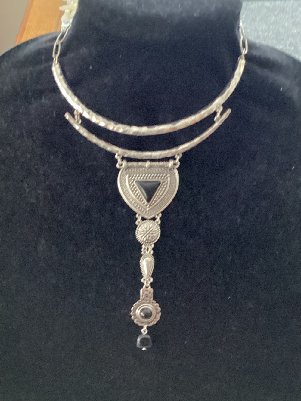 Silver-Tone Statement Pendant Necklace with Black Accents